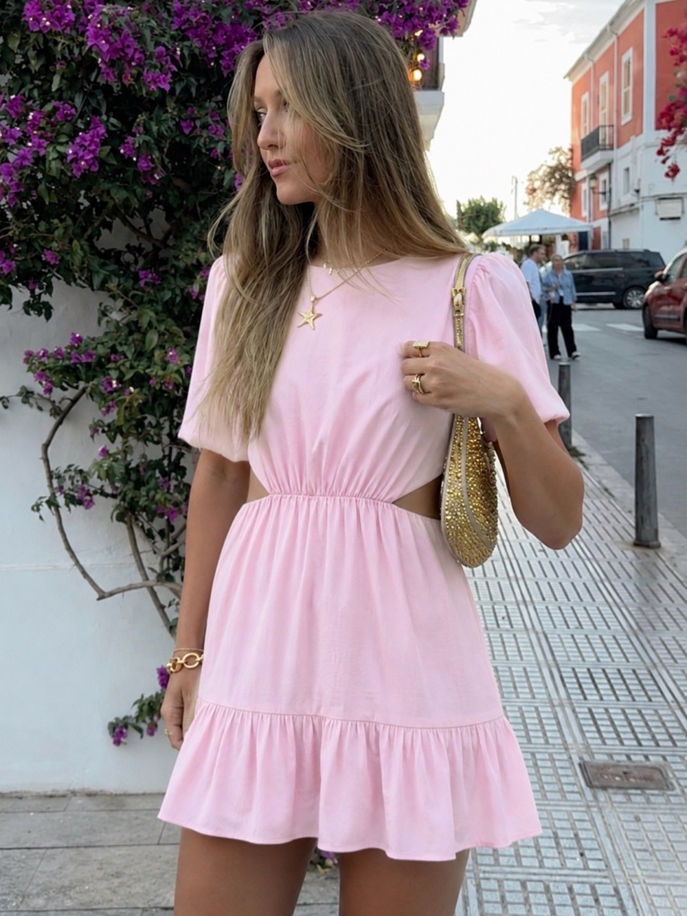 Wayf Pink Mini Dress with Side Cutouts & Ruffle Hem cotton Small